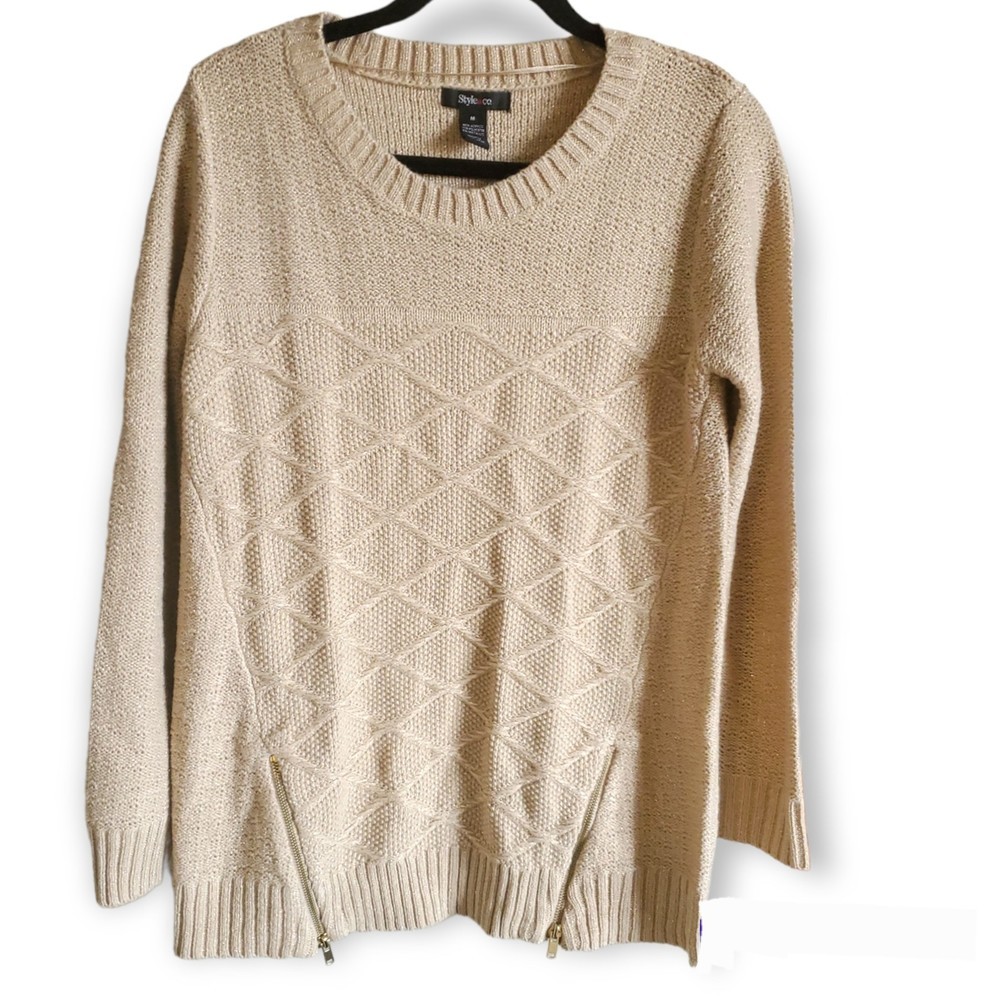 𝅺Style & CO. Large cable knit zipper metallic shimmer gold beige sweater Size L